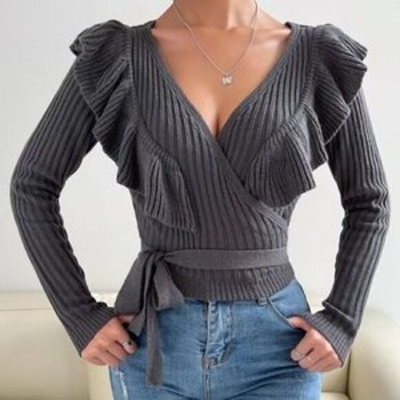 New Cozy Ruffle Ribbed Cropped Sweater Top - Picture 4 of 8